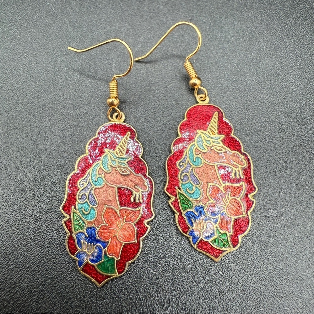 Rare Unicorn Cloisonne Dangle Earrings - Red, Gold, Blue